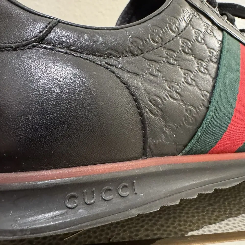 Gucci Shoes Micro Guccissima Black Leather Web Low Top Gucci Sneakers Sz 8 G
